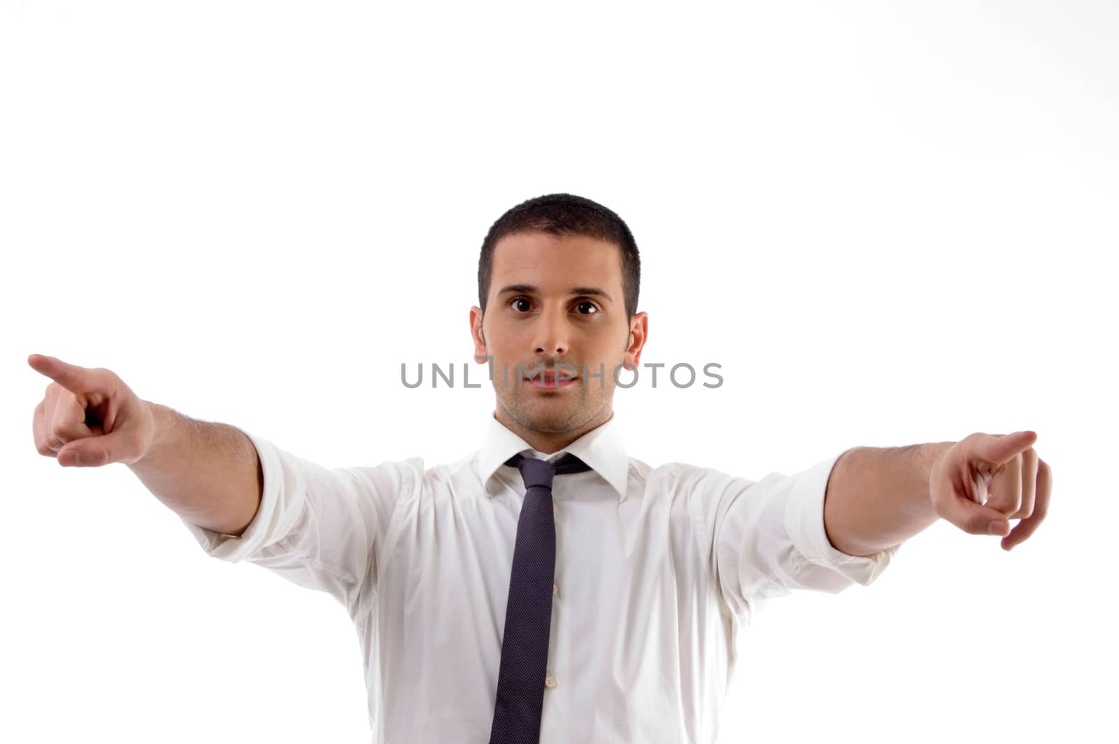 young male pointing with both fingers with white background