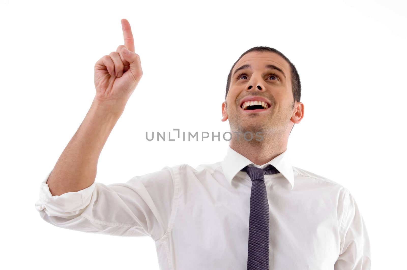 professional man indicating upward on an isolated background