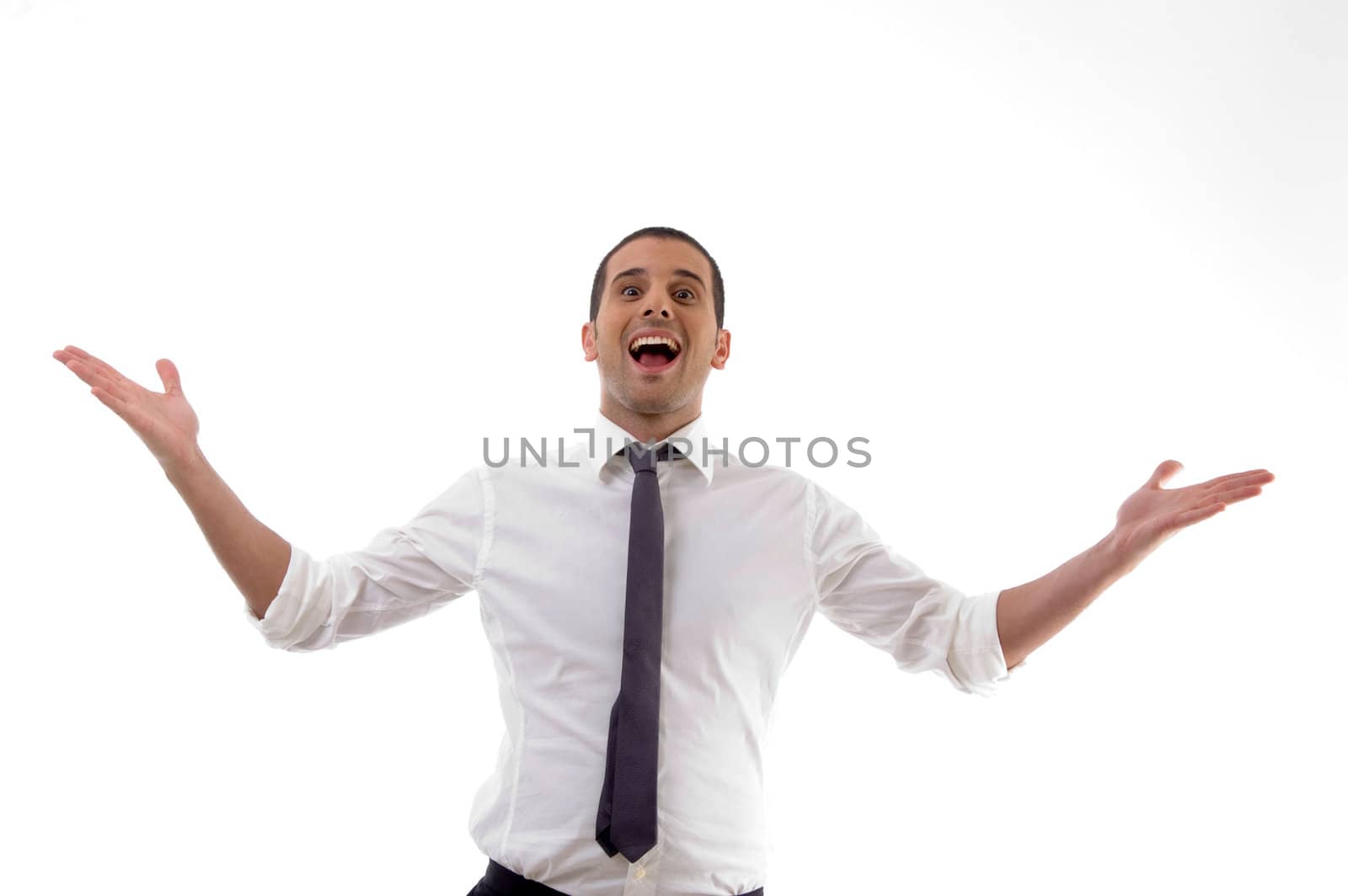 happy professional man looking at camera against white background