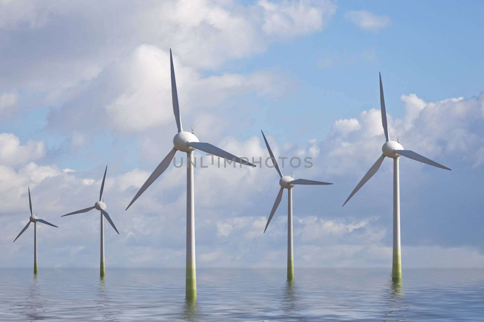 This image shows some wind generator at sea