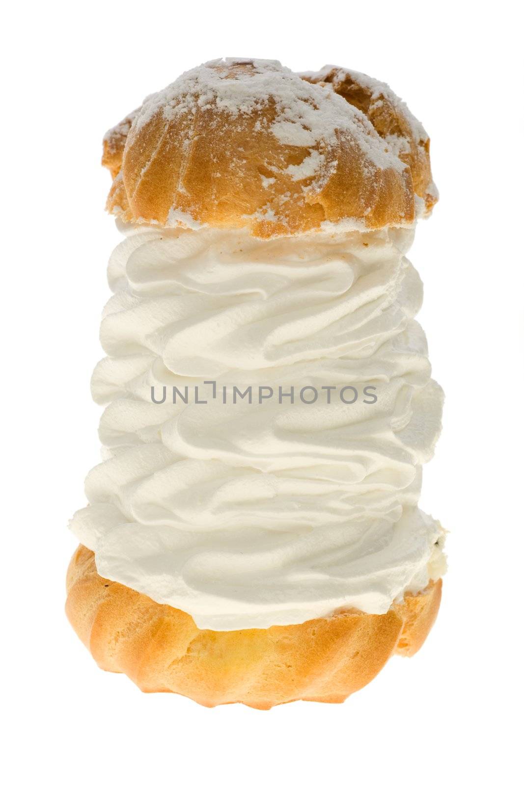Nice polish typical big puff cake with cream over white background