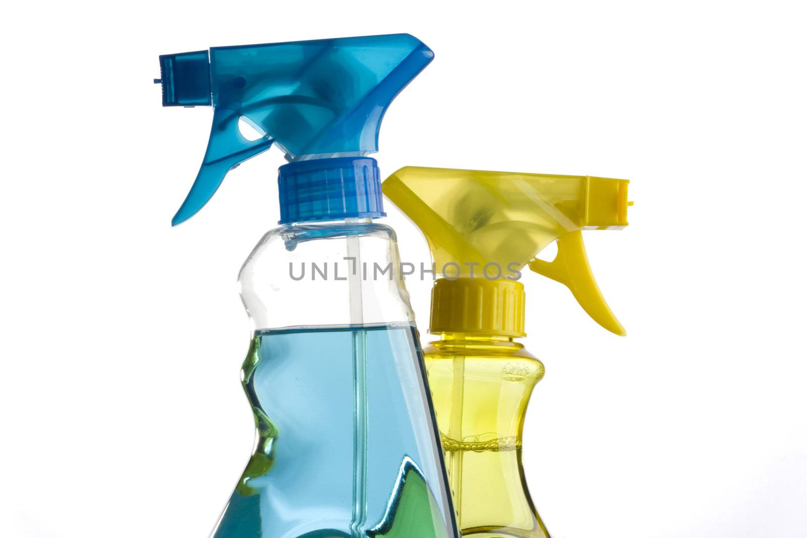 blue and yellow trigger spray bottles