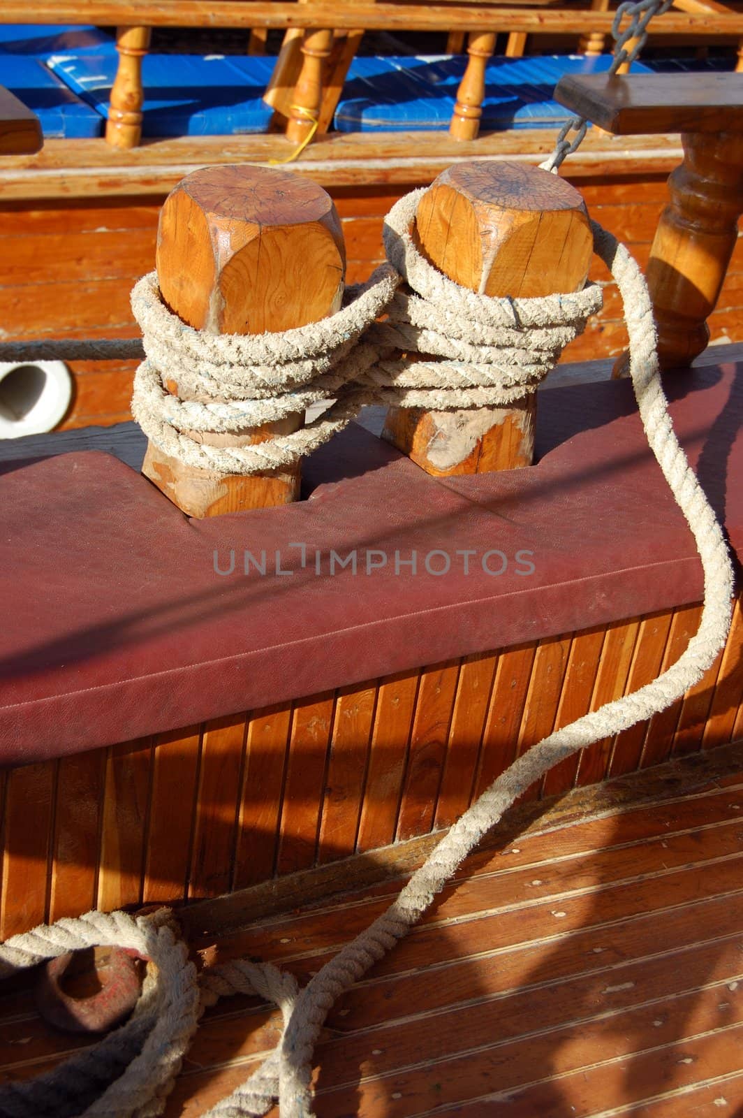 ropes rolled up on winch in a yacht during