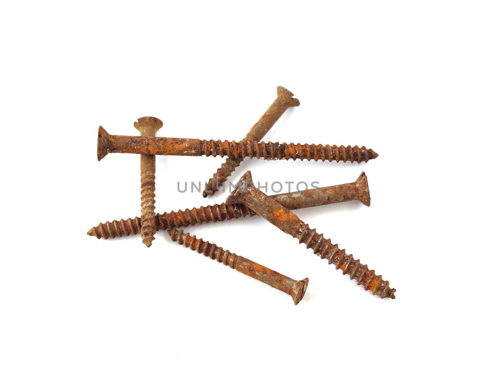 Rusty screws on a plane white background.
