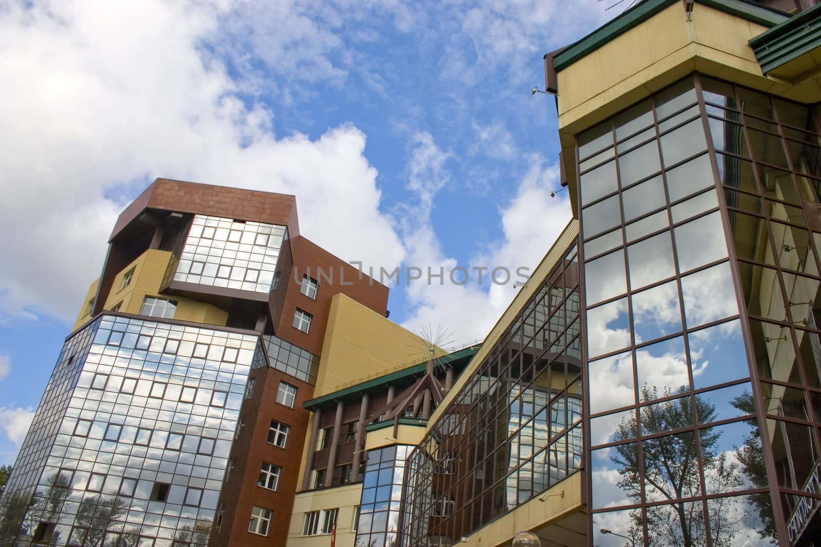 
Modern building from a brick. Glass windows.