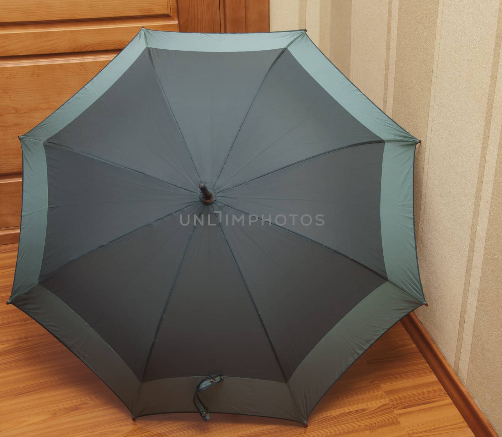 The bright open Umbrella dries near entrance door