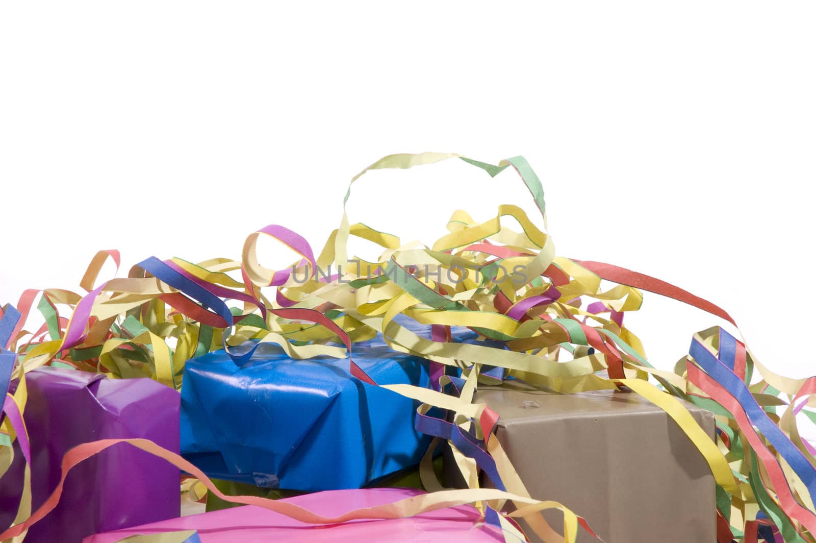 presents wrapped in paper with colorful streamers by ladyminnie