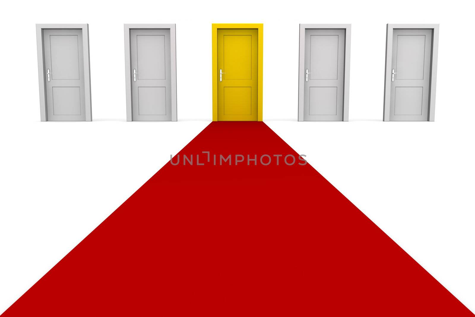 line of five doors, one yellow door in the middle - red carpet to the green door