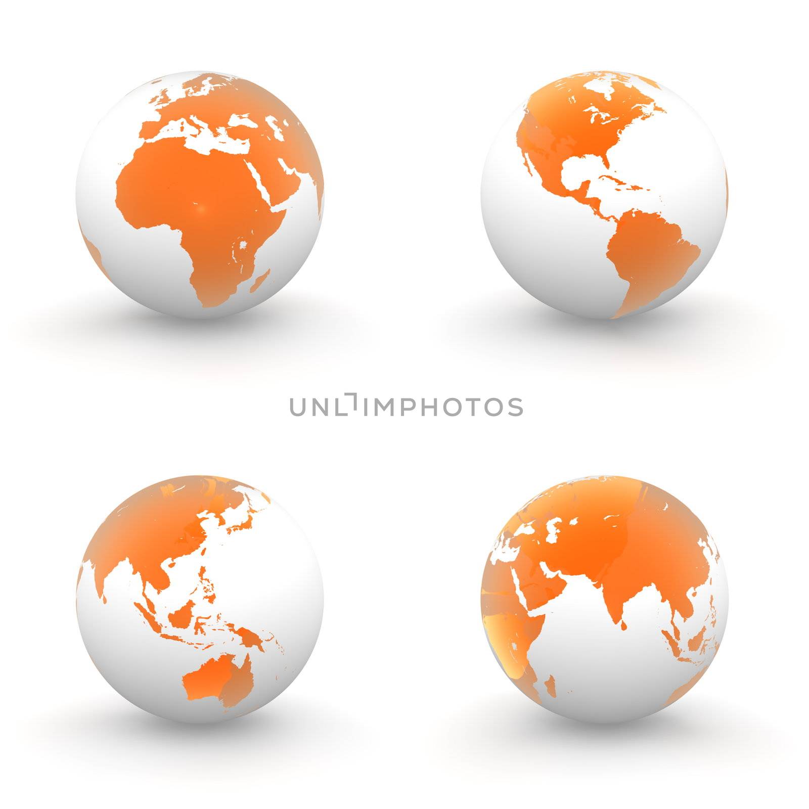 four views of a 3D globe with transparent orange continents and a white ocean