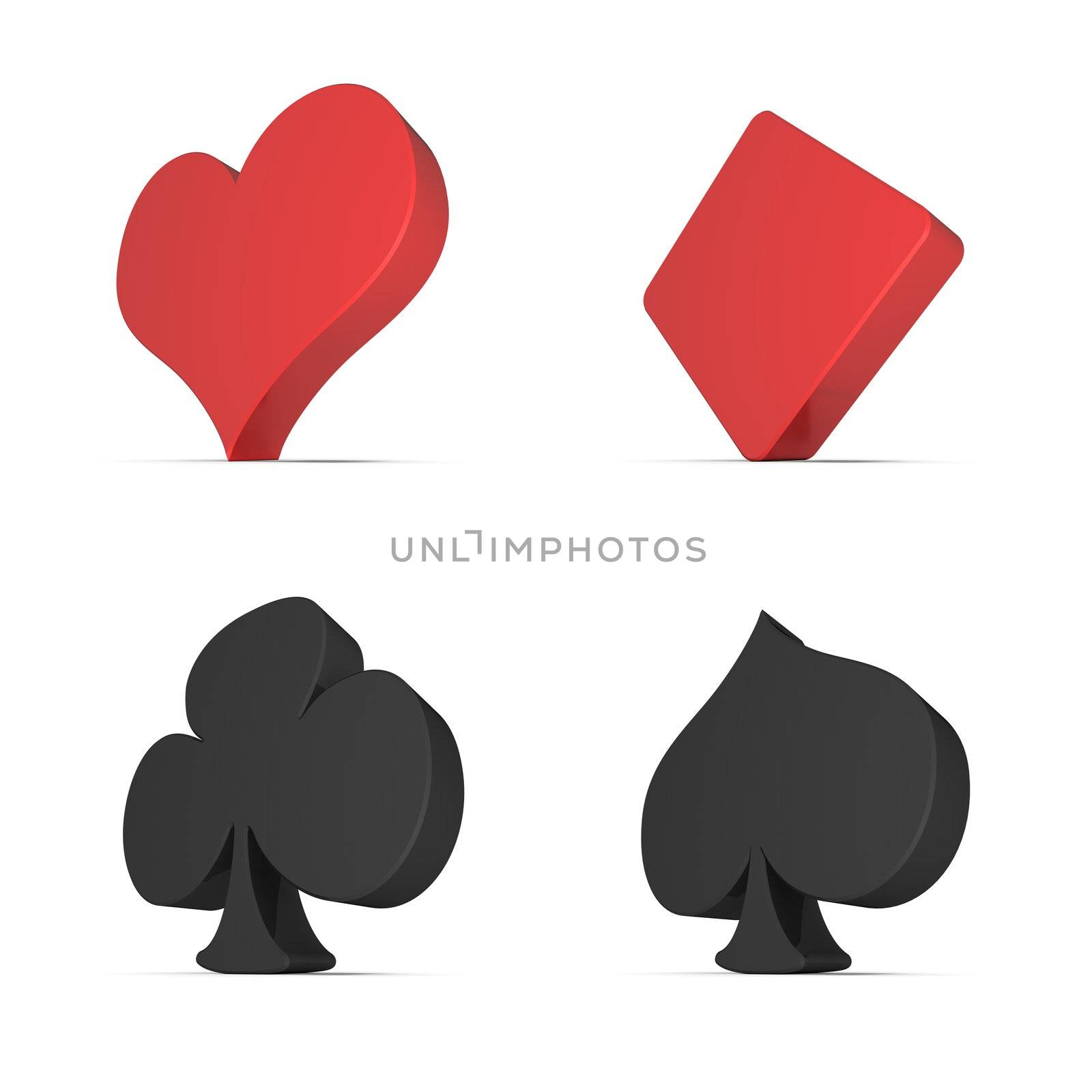 classic card signs - shiny red and black card symbol on white background - heart, diamonds, clubs, spades