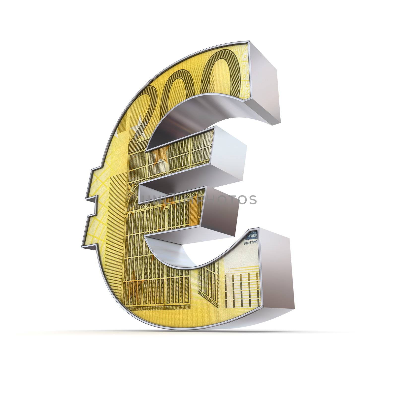 shiny euro symbol in a chrome and metal look - front surface is textured with 200 Euro note