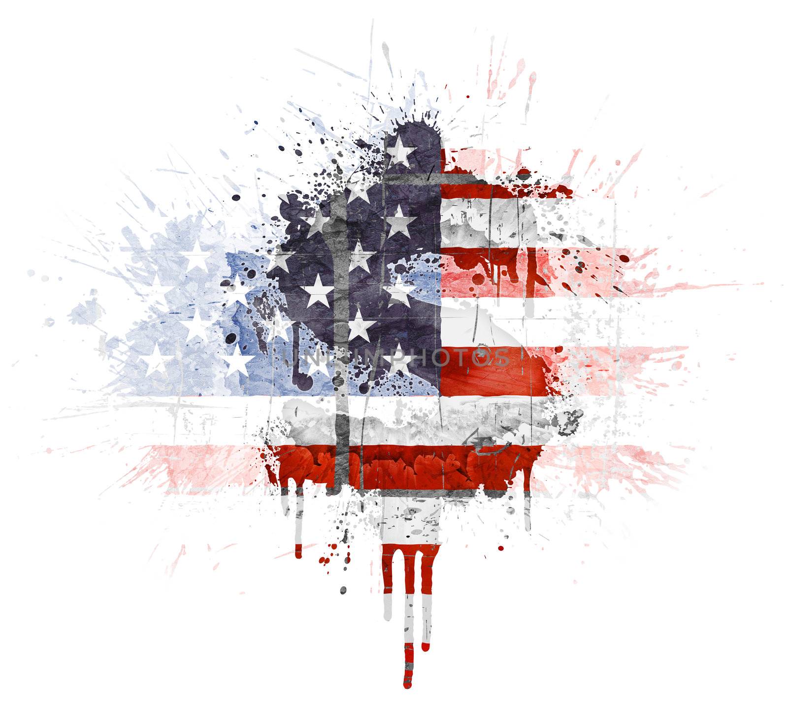 Modern grunge splatter design with American flag, Dollar symbol. Distressed grungy look with ink drop explosion.