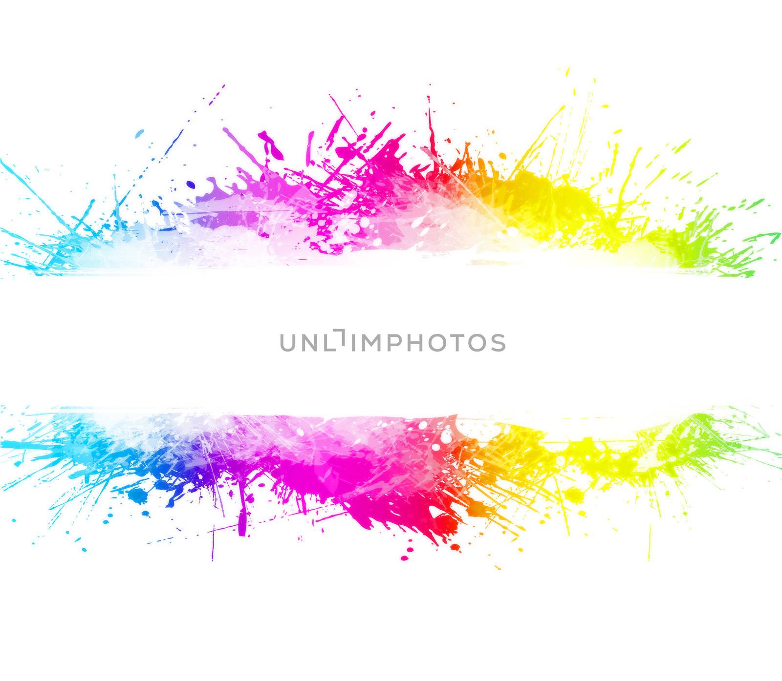 Rainbow splatter background with beautiful ink overlays and party concept. Empty stripe in the middle for custom text.