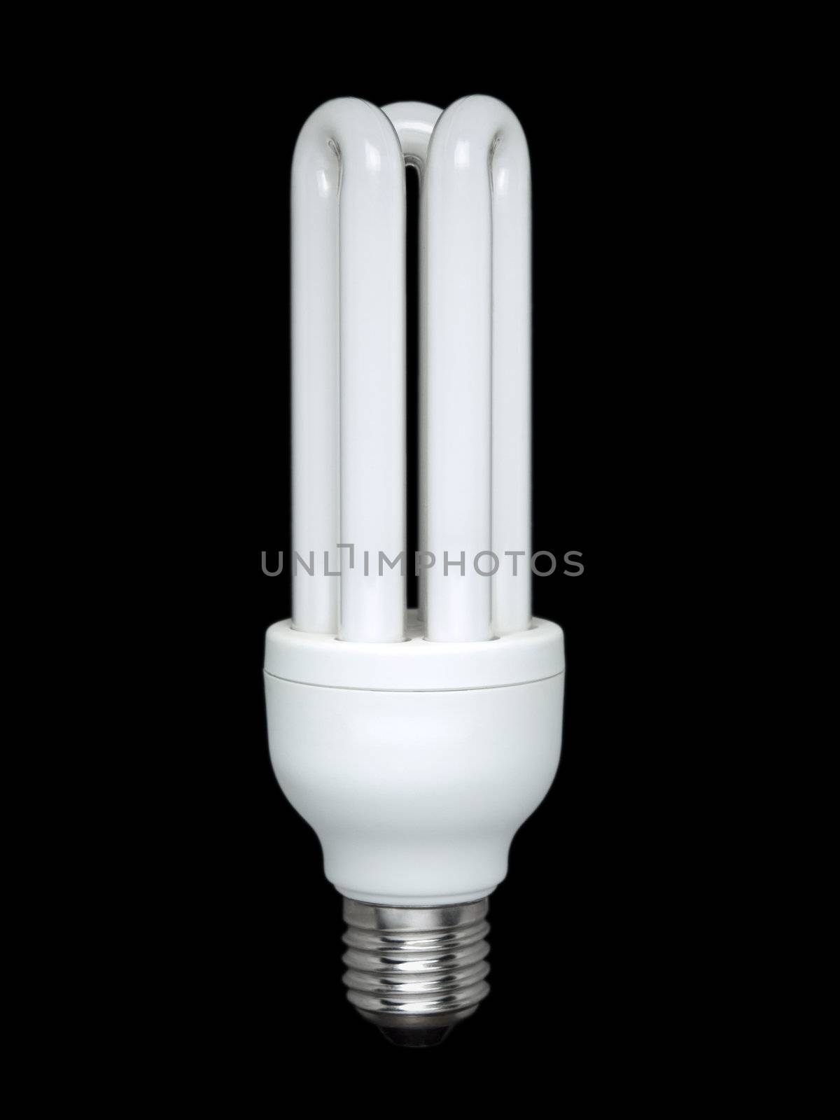 Compact fluorescent light bulb over a black background.