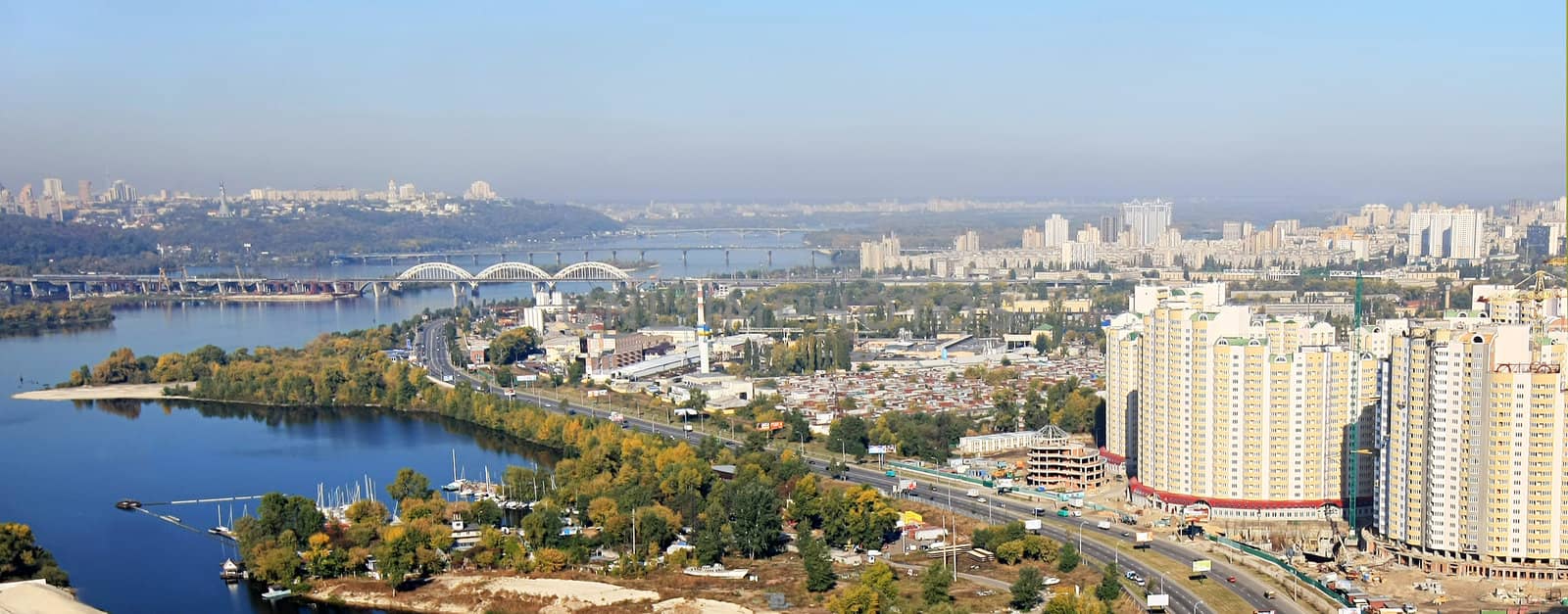 aerial view on the left and right banks of the river Dnipro. Kiev. Ukraine