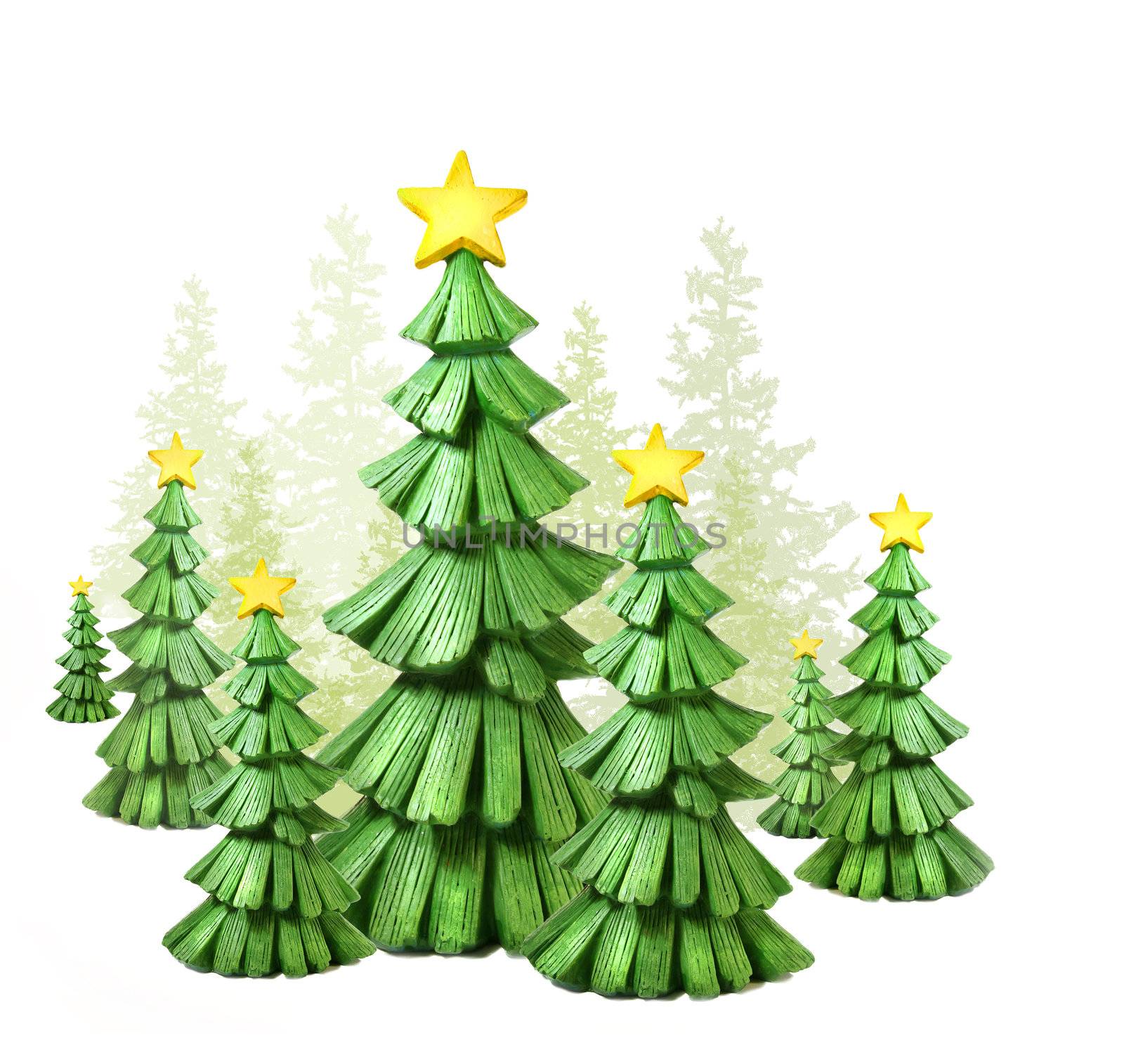 Whimcical christmas trees against a white background