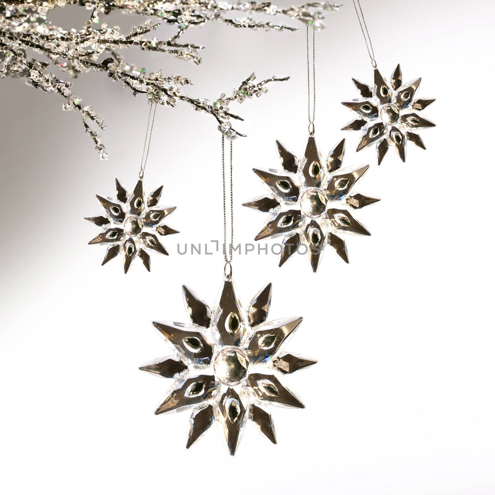 Silver snowflakes hanging against pale grey  by Sandralise