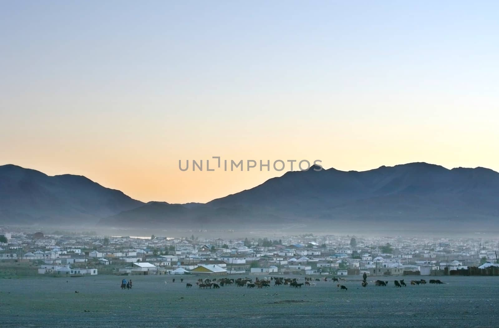 Traditional Mongolian village at sunset