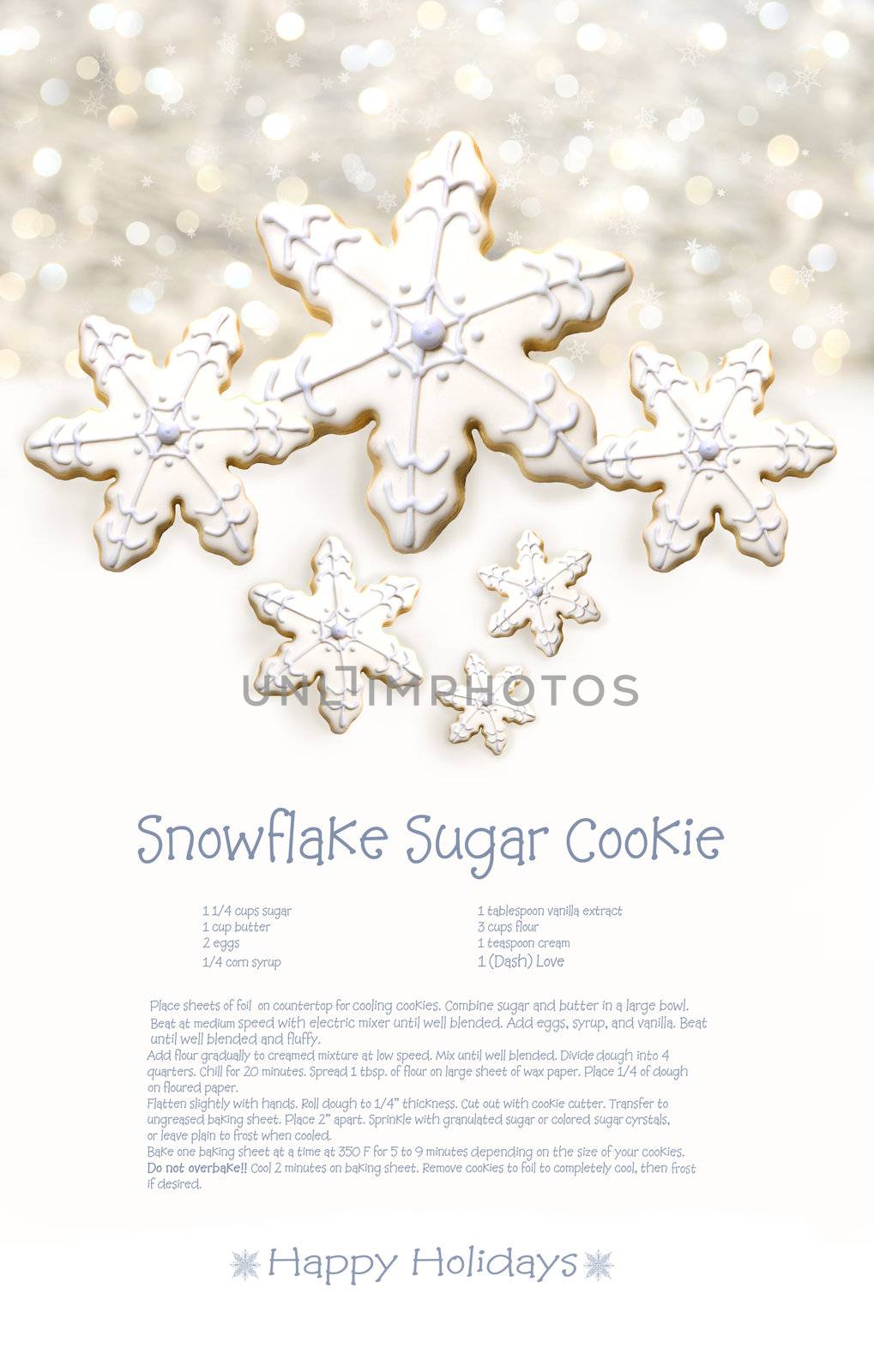 Snowflake sugar cookies with recipe on holiday background