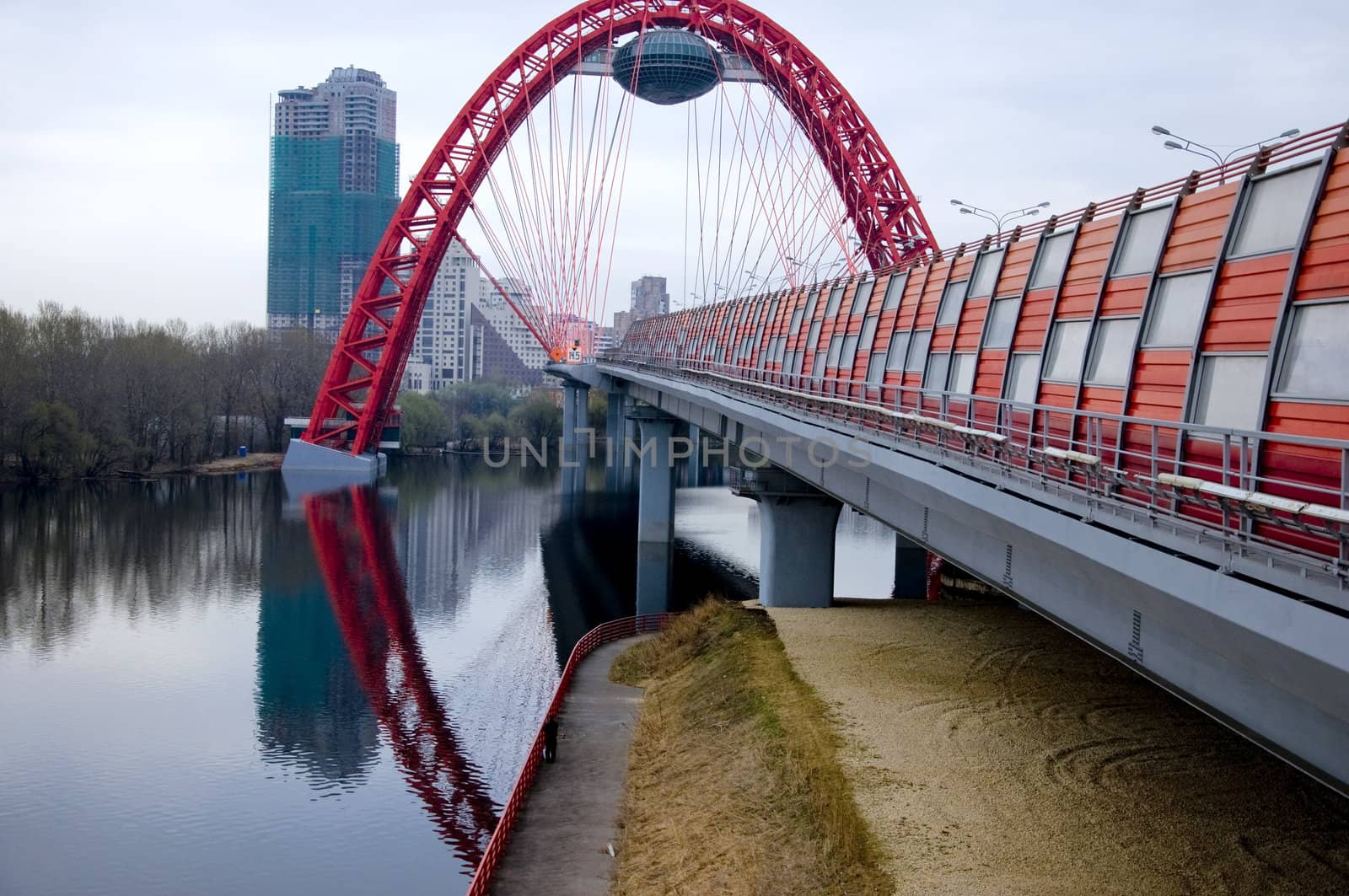 Modern red moscow car bridge, panorama evening sundown