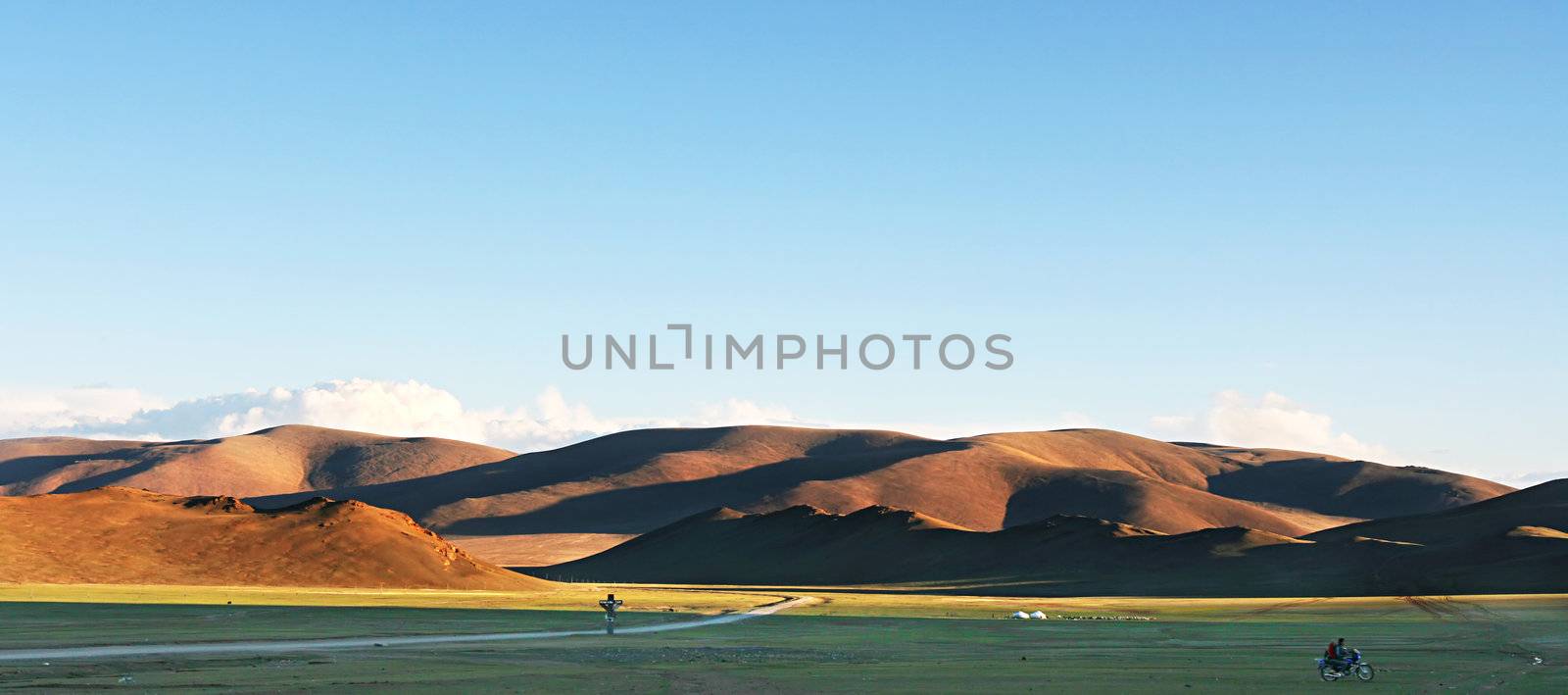 Traditional Mongolian landscape in the sunset