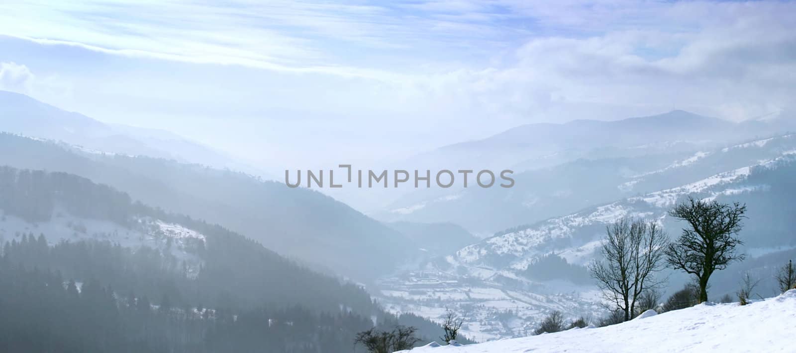  winter landscape with a clouds and a snow-covered trees