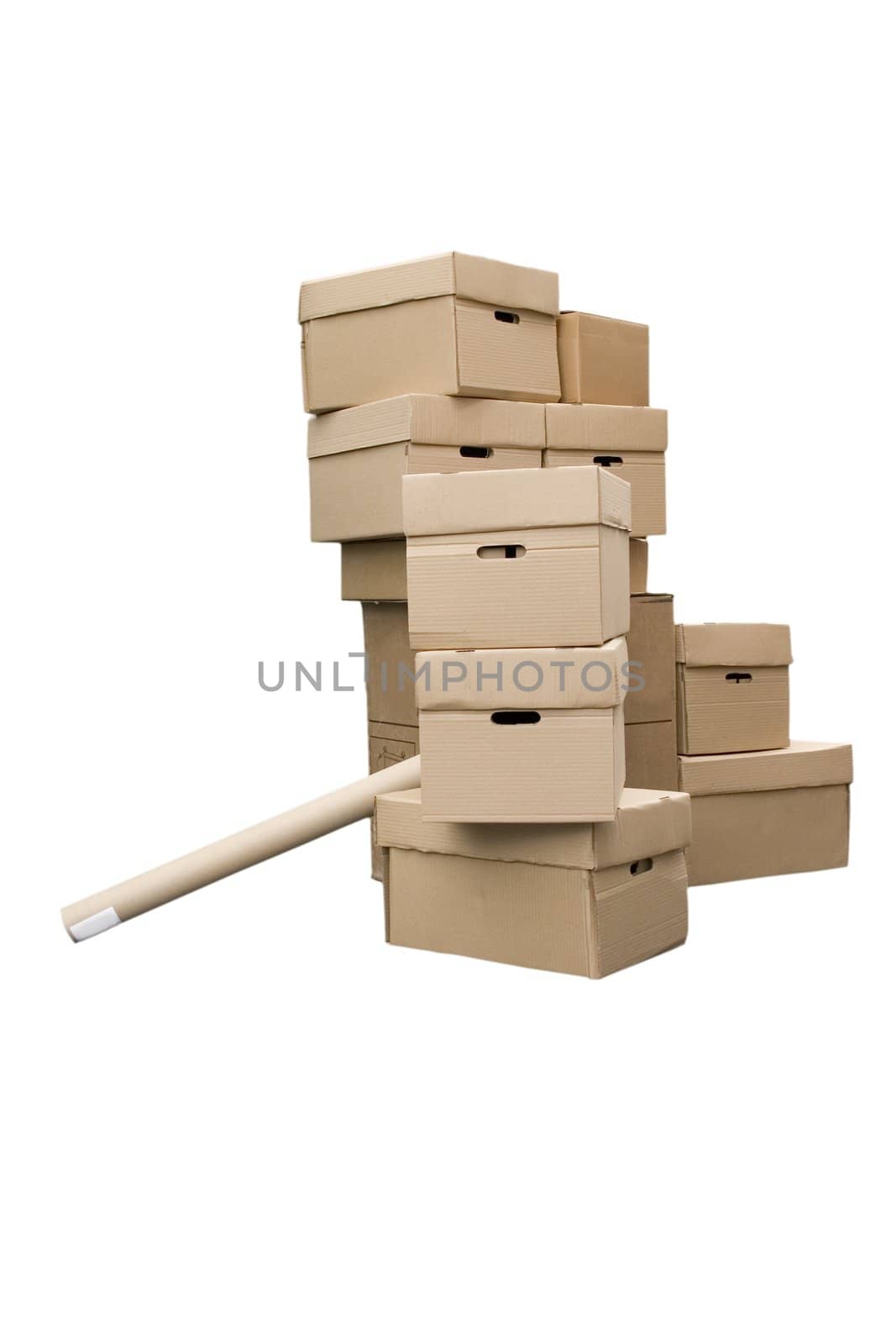 Brown different cardboard boxes arranged in stack on white background