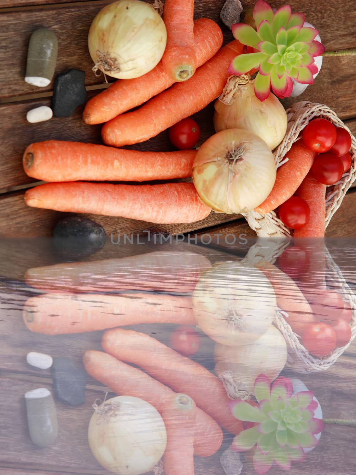 a mix of organic food representing a healthy diet with reflection