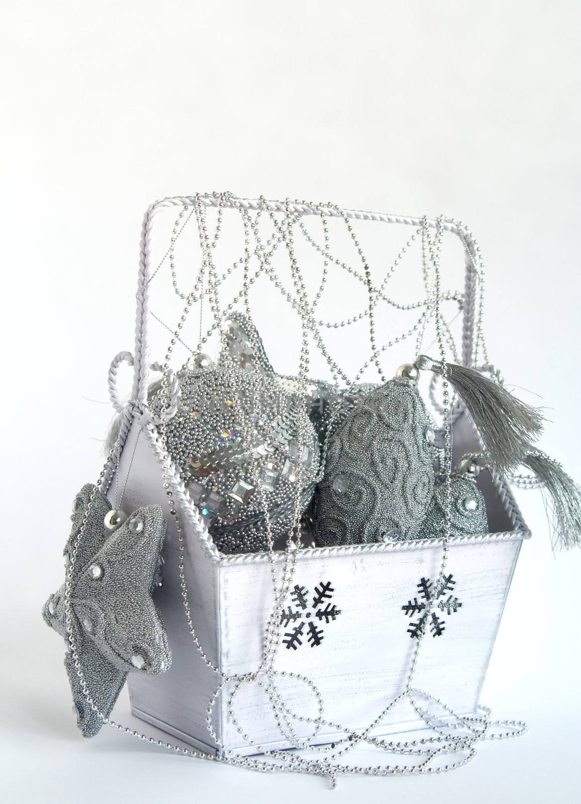 Box with silver christmas decoration. Vertical by serpl