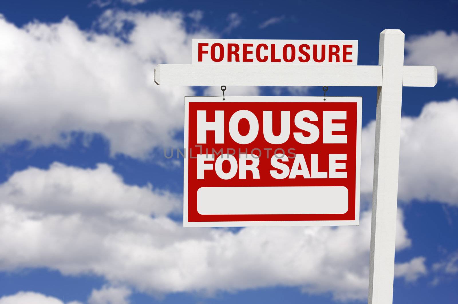 Foreclosure Home For Sale Real Estate Sign on Clouds