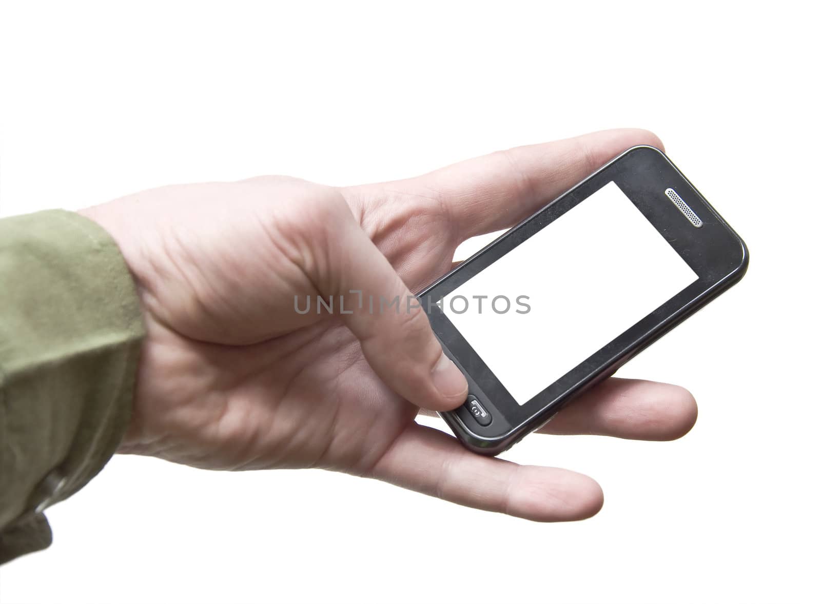 The hand holding a cell phone touchscreen. White background. White screen of the device. Isolation.