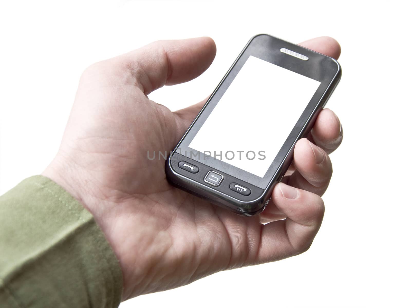 The hand holding a cell phone touchscreen. White background. White screen of the device. Isolation.