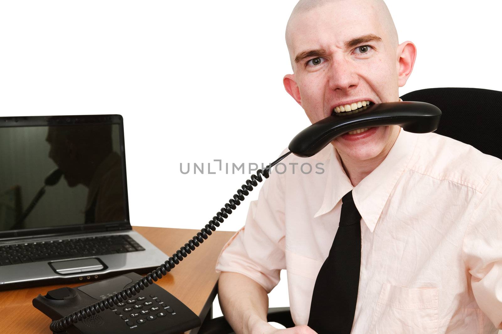 Man keeps teeth telephone tube on the white background