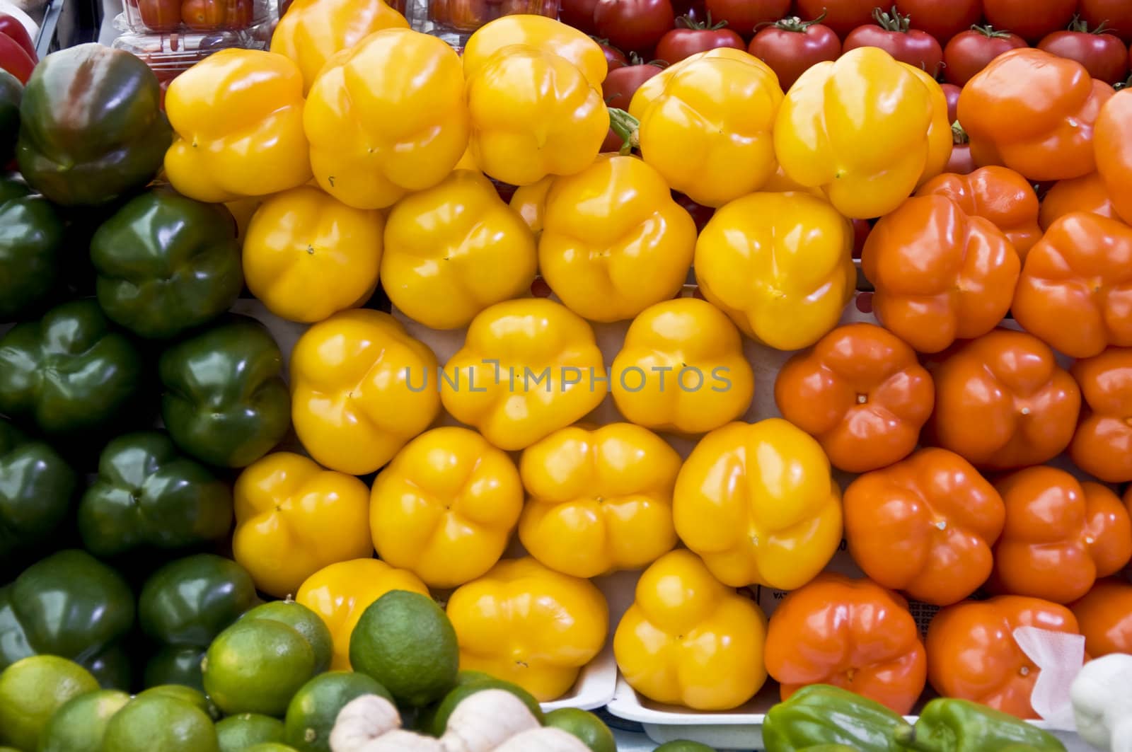 Multicolored particulars vegetables on the grocery market. Multicolored and freshness. Close-up, blurred focus