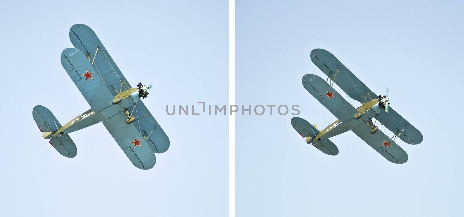 Soviet aircraft of World War II. Biplane in the air against the blue sky.