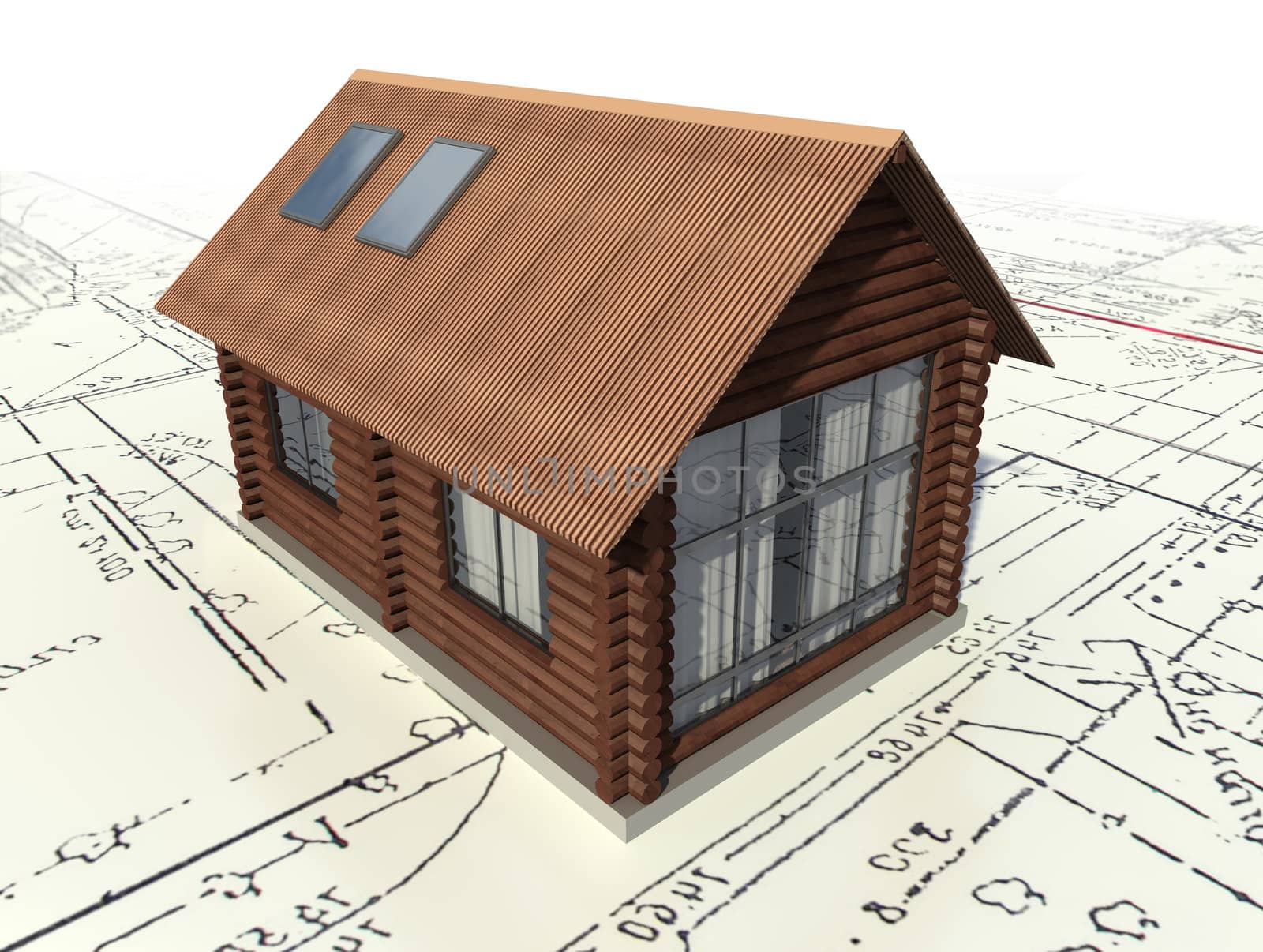 Wooden log house on the master plan. 3d model isolated on a white background.