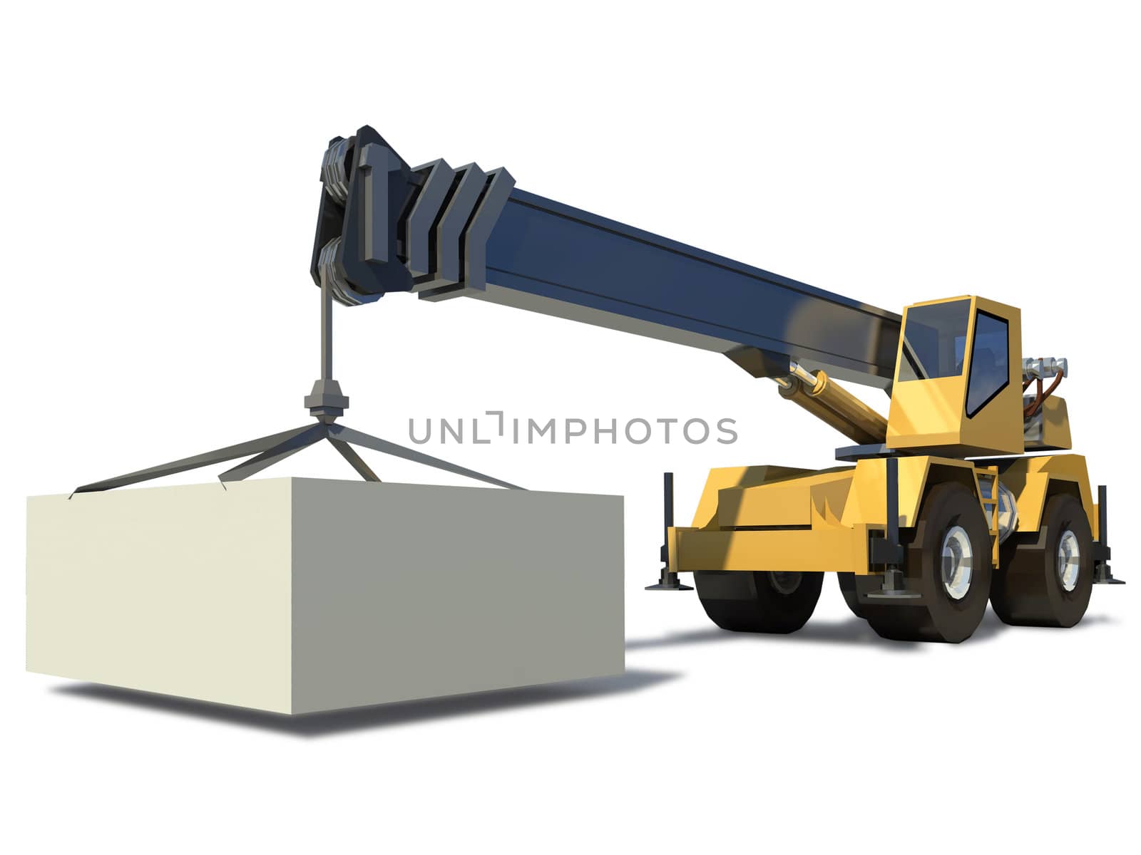 Mobile crane with a load on the jib crane. The cargo is ready for Drawing. White background.