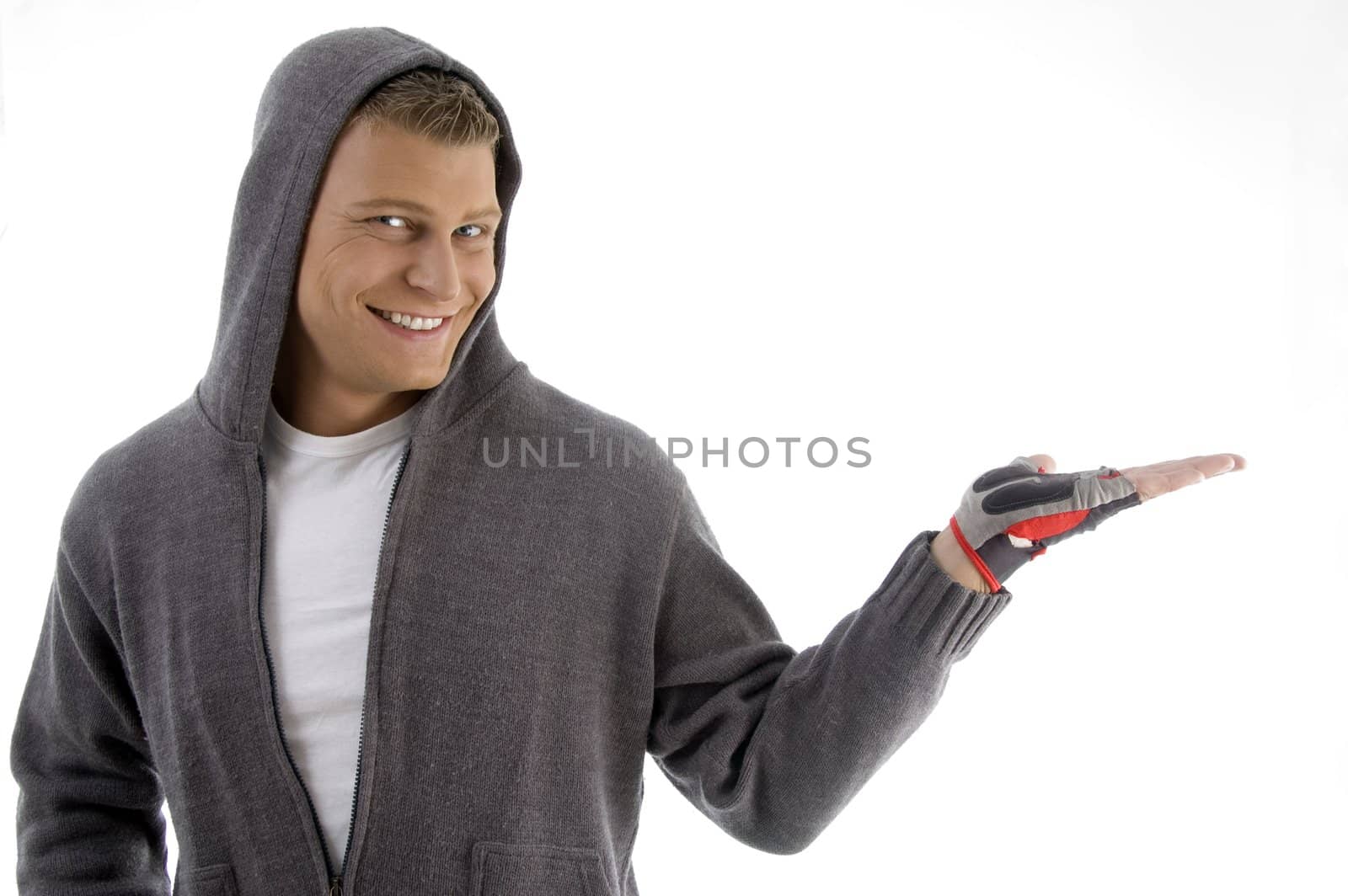 sportive man with open palm with white background