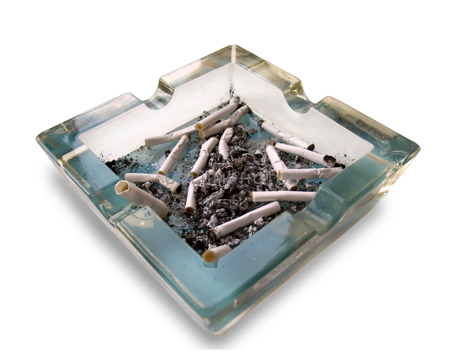 The large glass ashtray full of cigarette butts.