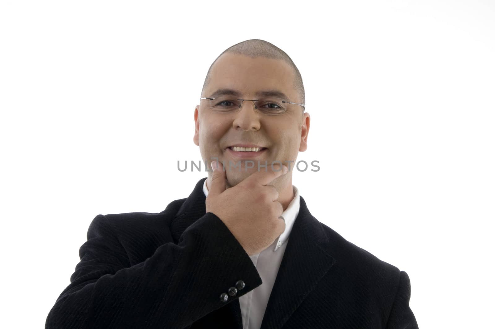 portrait of pleased businessman against white background