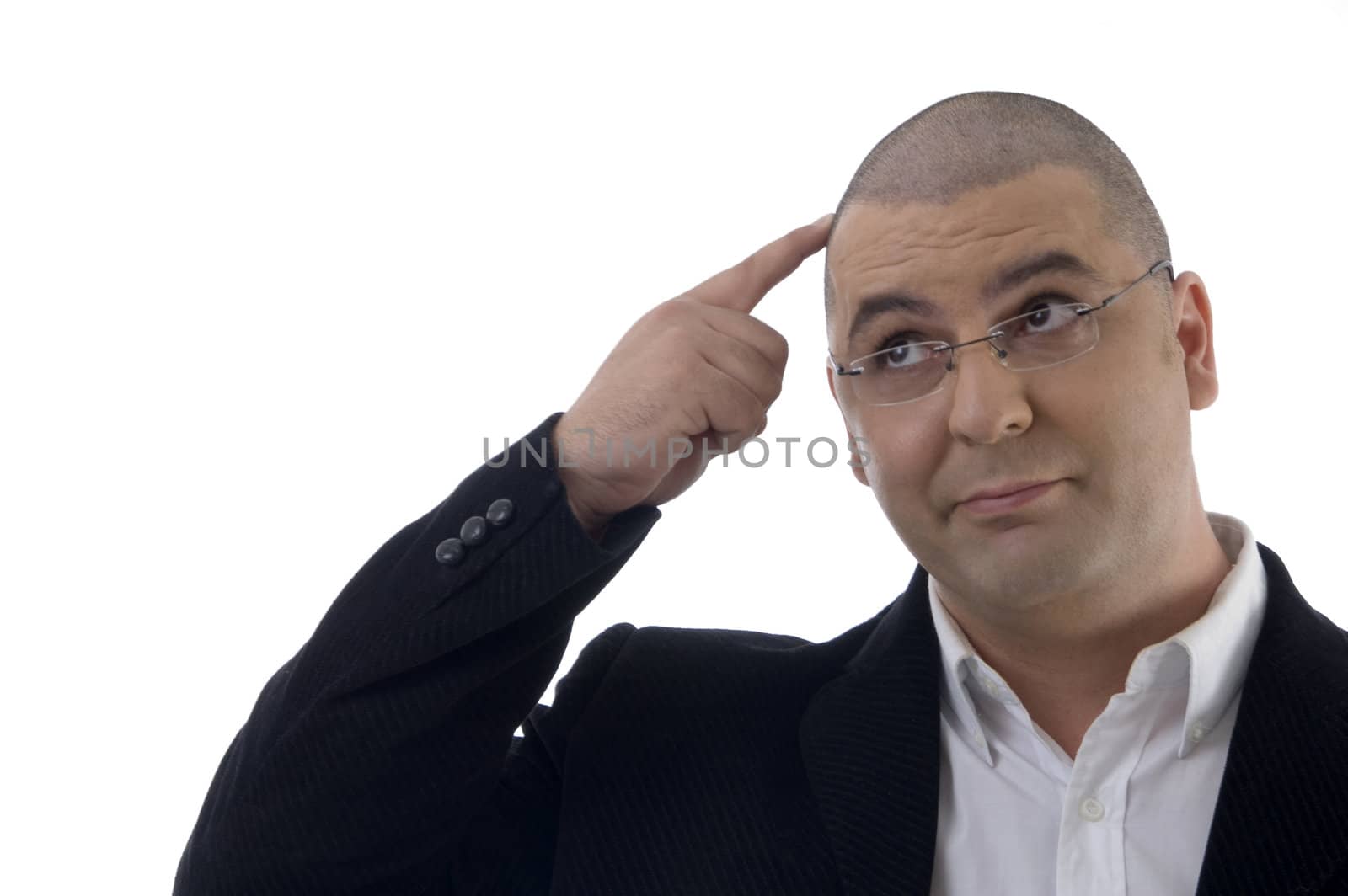 thinking businessman looking upward on an isolated background