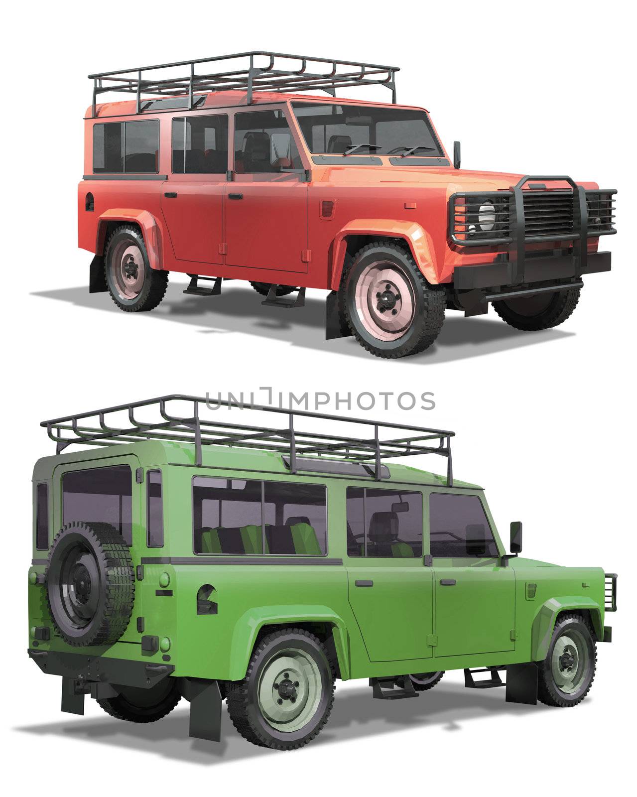 Wheel drive off-road vehicle on a white background. Isolation, render. Ready to apply logo and inscriptions.