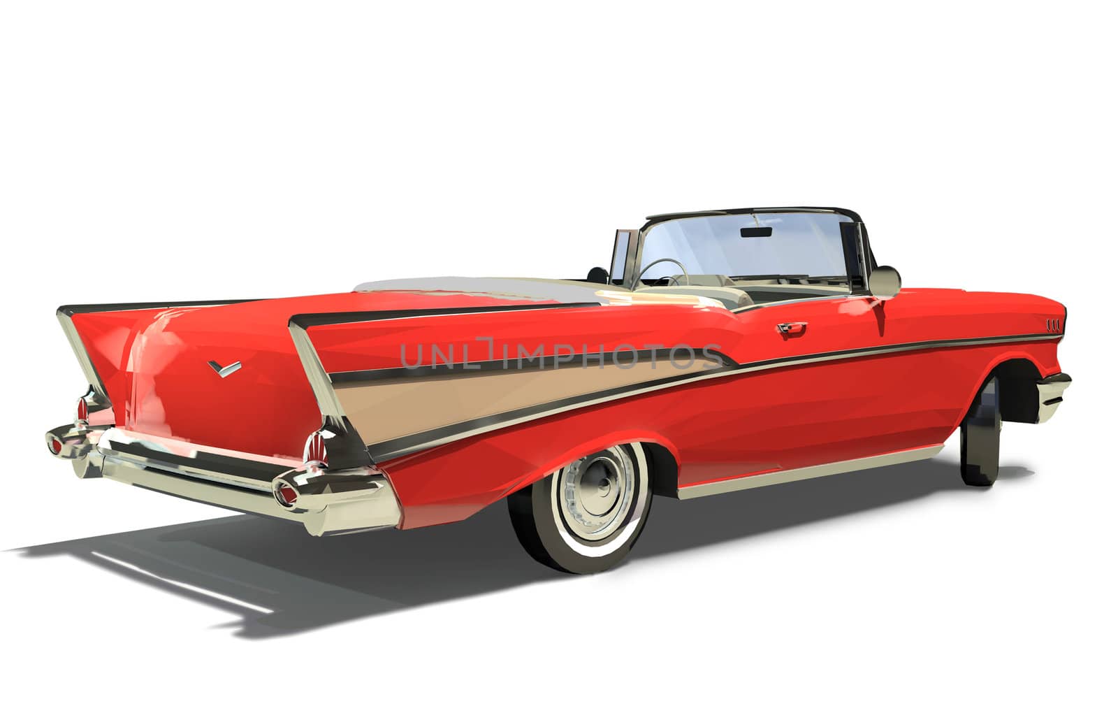 Red old car with an open top. Convertible. Isolated on a white background. Render. 3d.