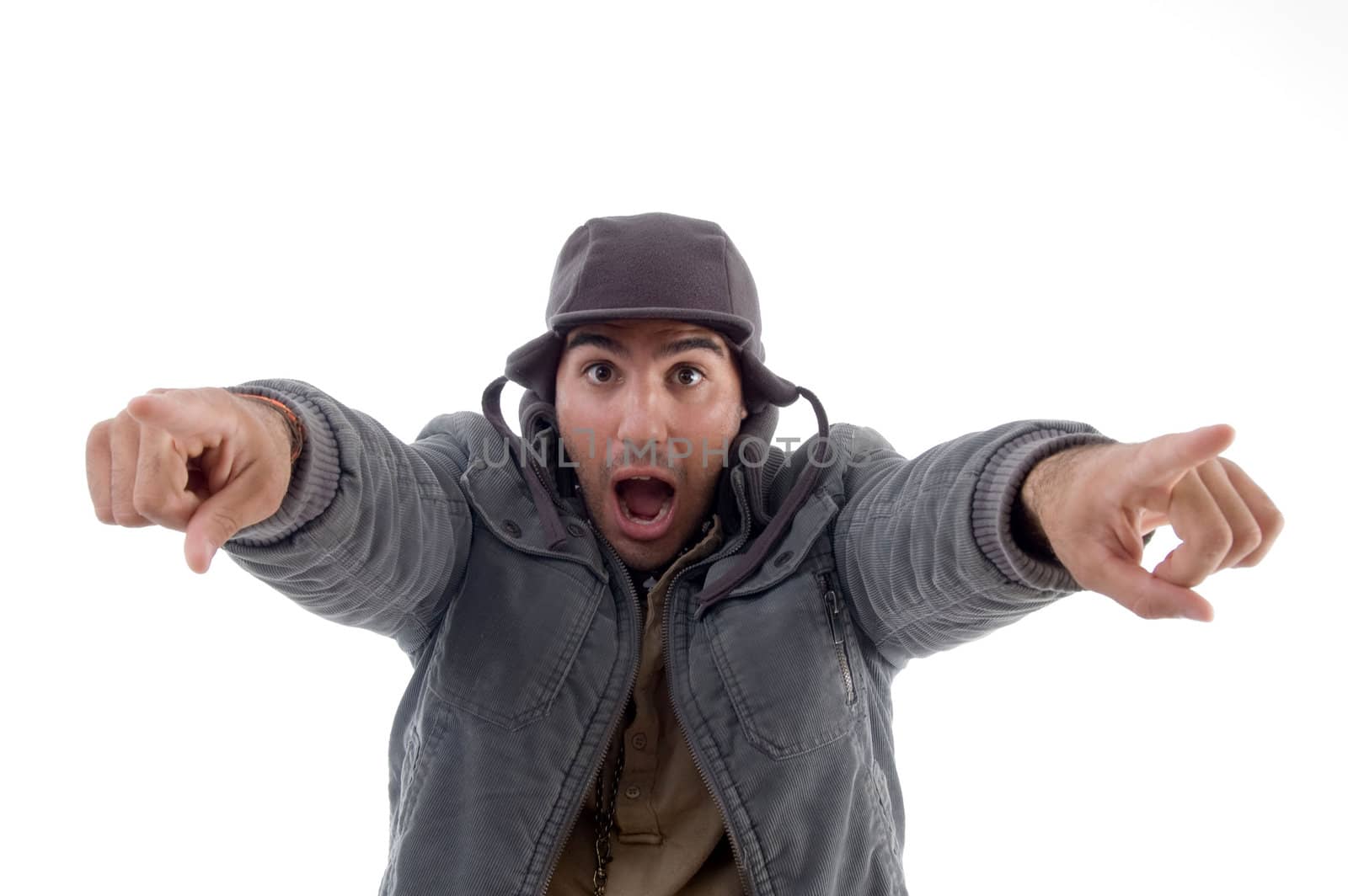 handsome man pointing towards on an isolated background