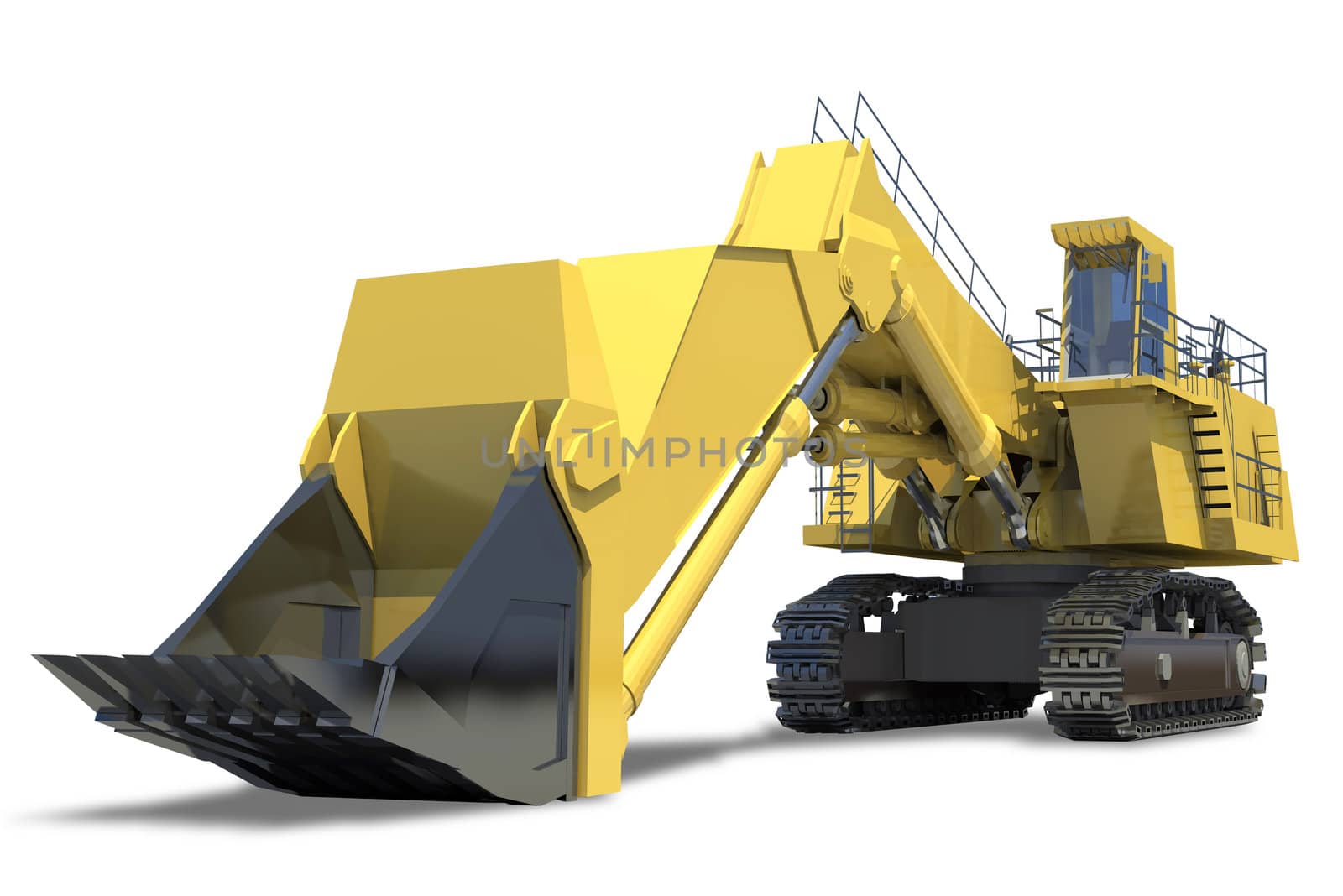 Heavy equipment. Excavator with bucket on a white background.