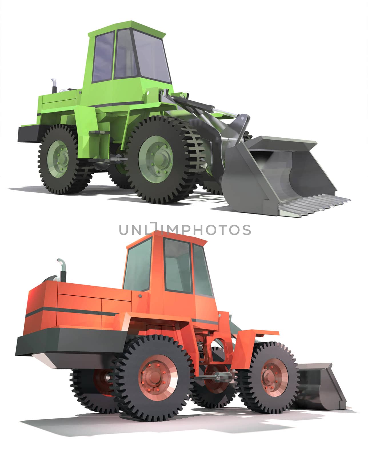 Heavy tractor with a bucket. Isolation on white background. Render.