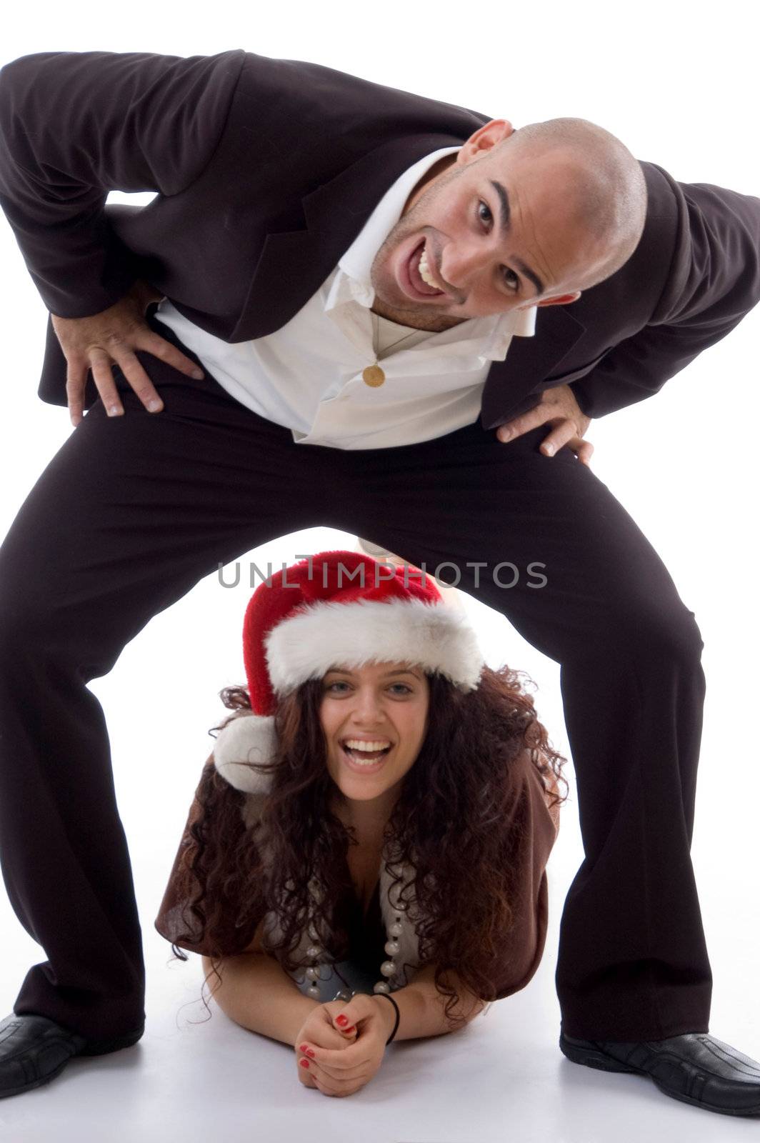 funky pose of young couple on an isolated white background