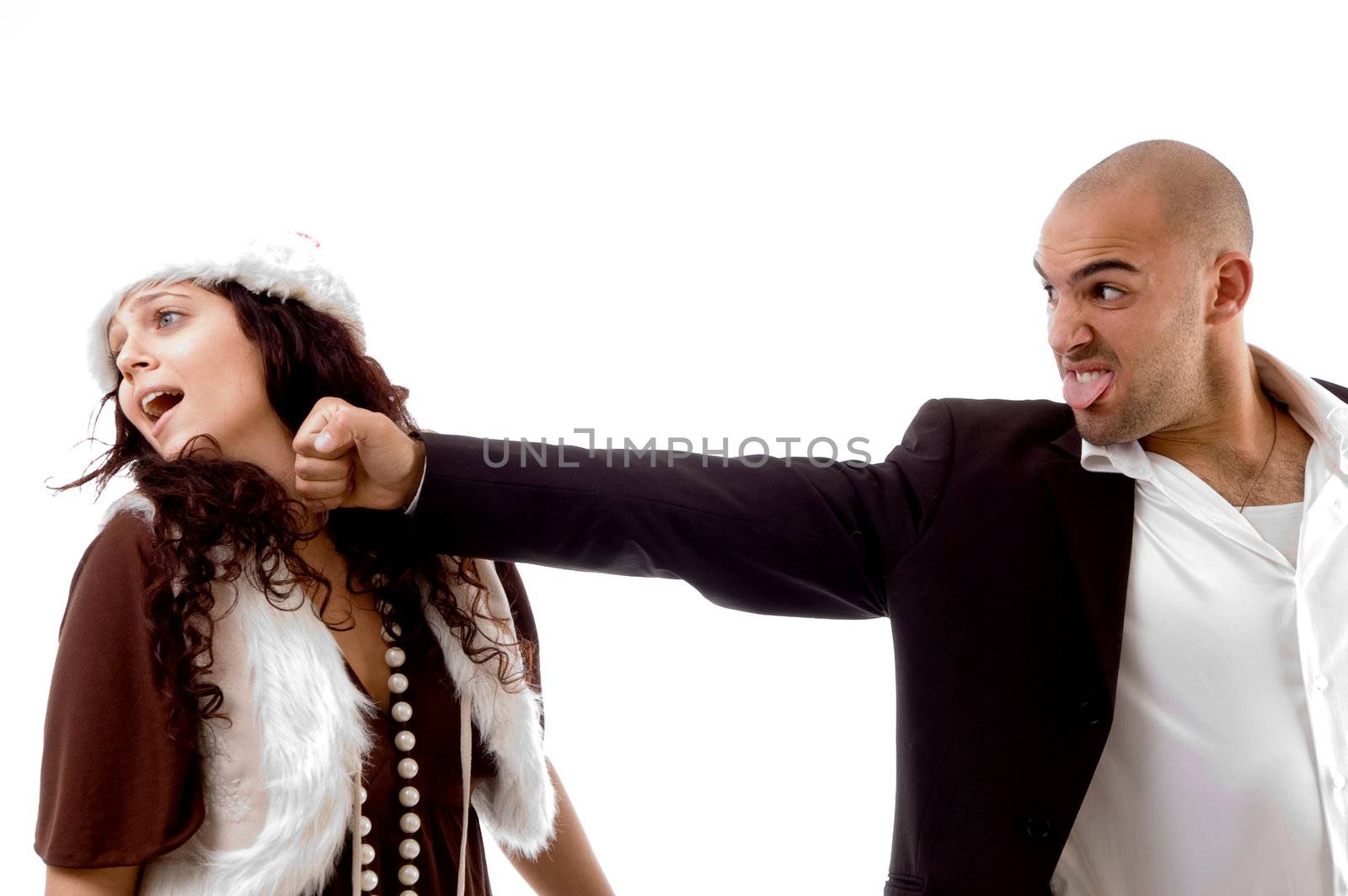 young man punching his partner on an isolated white background