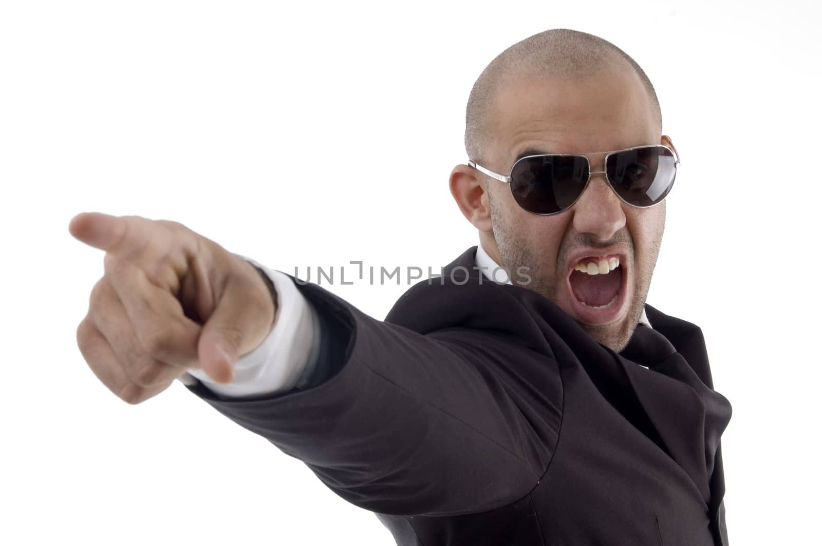 smart young executive shouting with white background