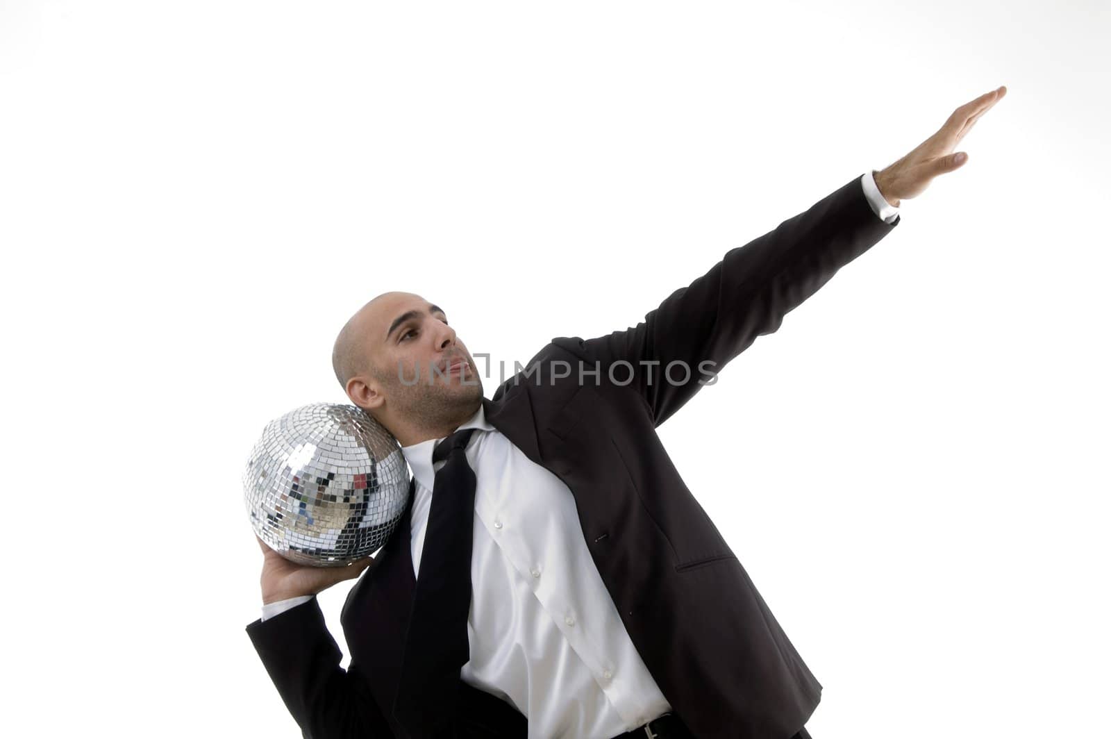 young corporate man about to throw the disco ball on an isolated white background